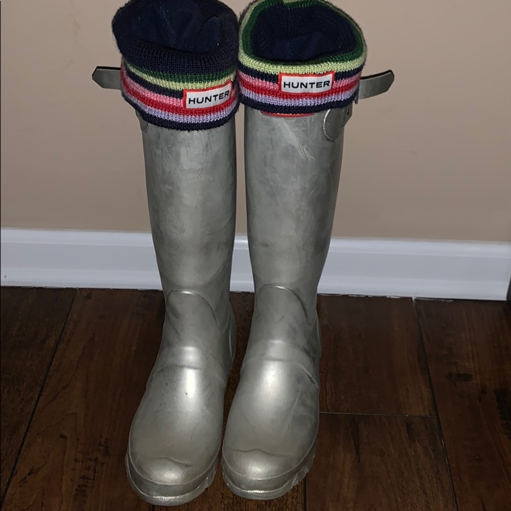 Tall silver Hunter boots with sock insert
